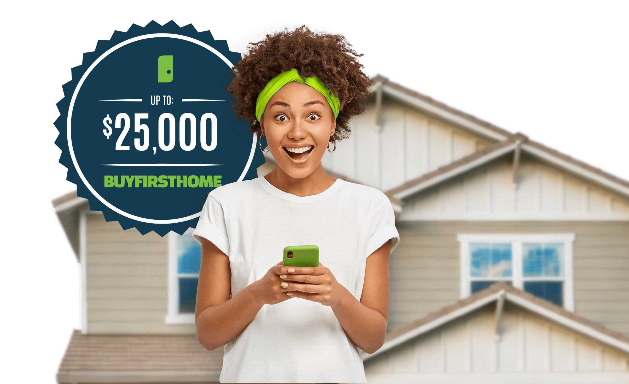 Happy homebuyer with phone and house