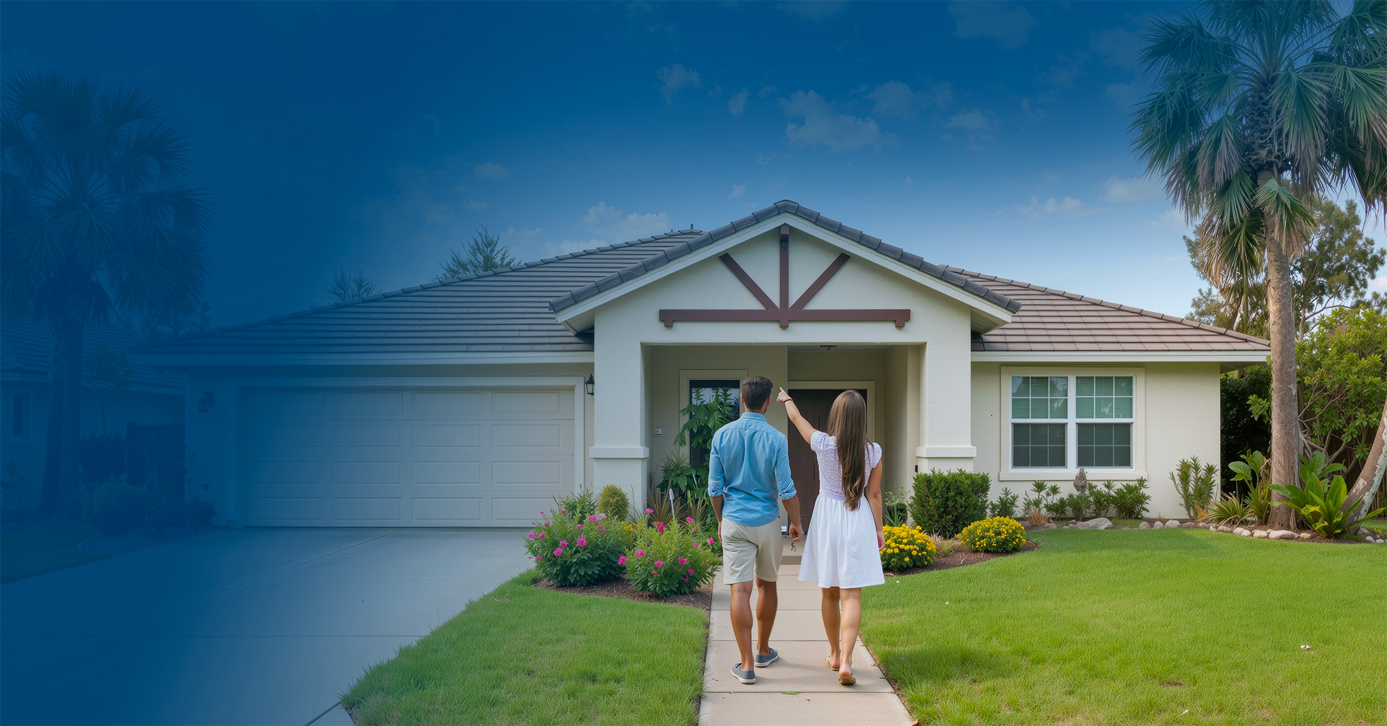 Happy homebuyer with phone and house