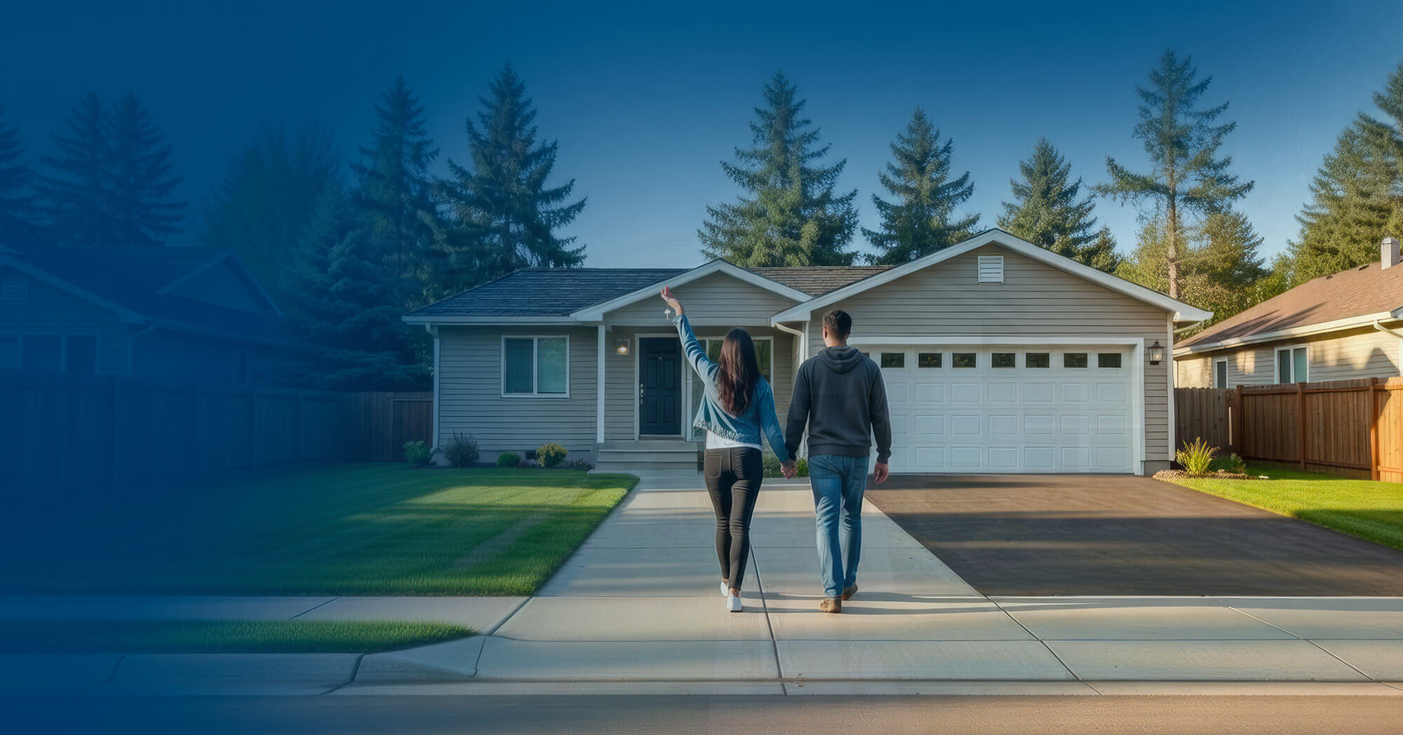 Happy homebuyer with phone and house