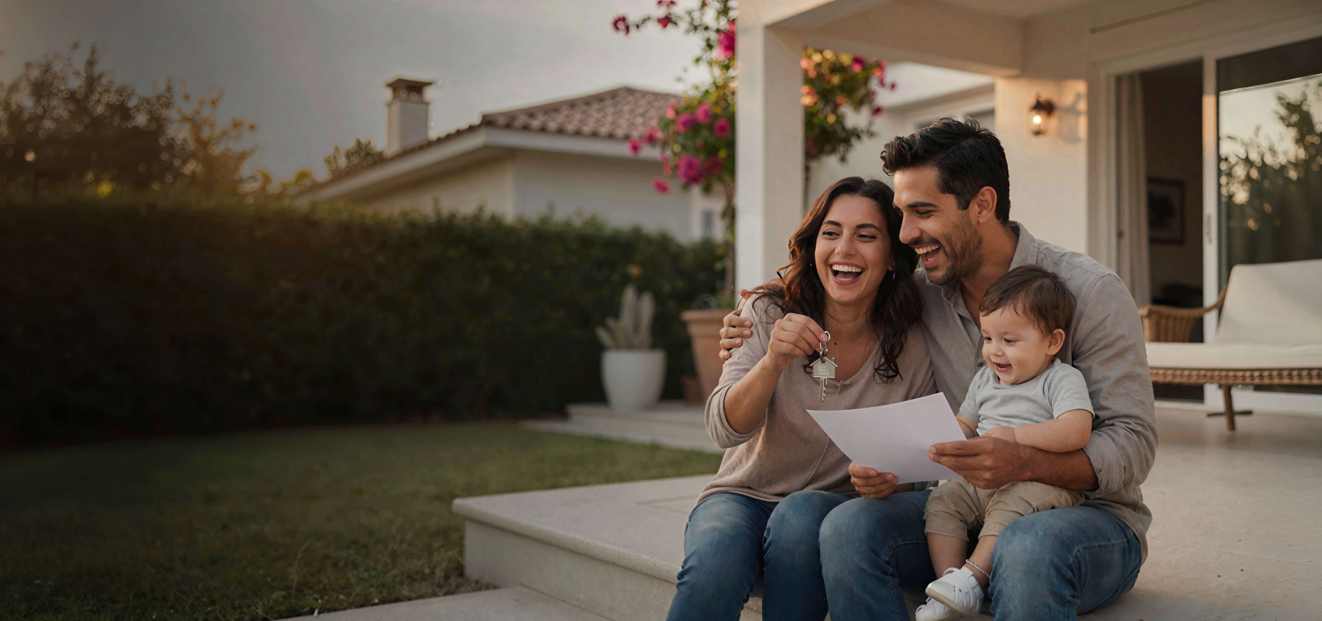 Happy homebuyer with phone and house