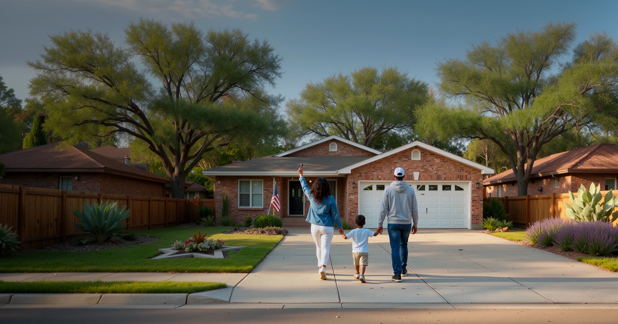 Happy homebuyer with phone and house